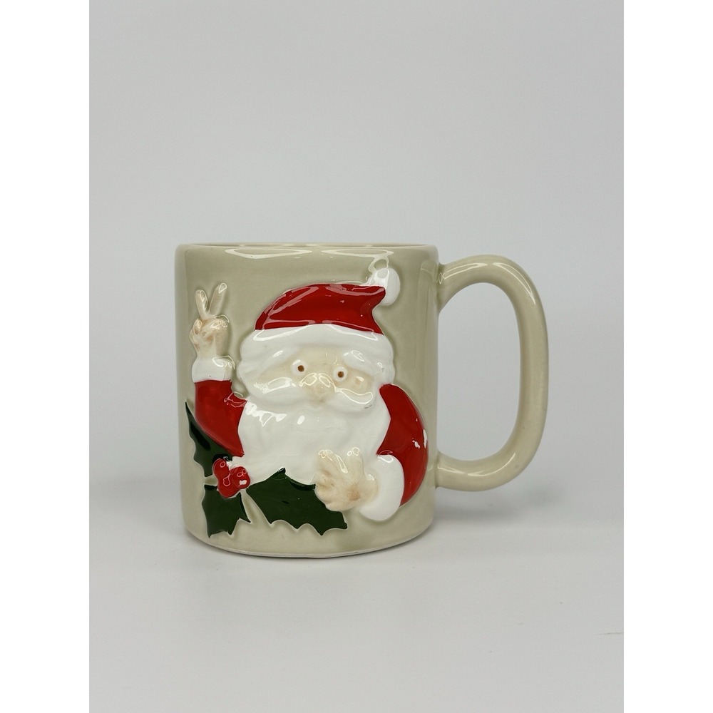 Vintage Otagiri  Santa Claus 3D Peace Sign Coffee‎ Mug Made Japan Handpainted